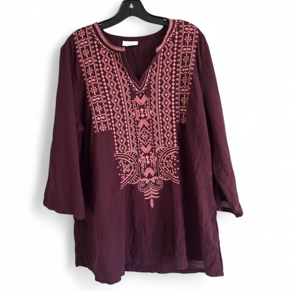 purejill Tops - PURE JILL Maroon Embroidered Gauze Tunic Top 3/4 Sleeve Boho Peasant Relaxed | L